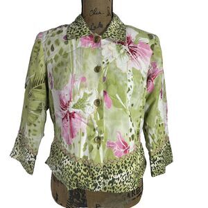 City Girl Jacket SMALL P Button Silk‎ Green Pink Hibiscus Sequin Animal Print